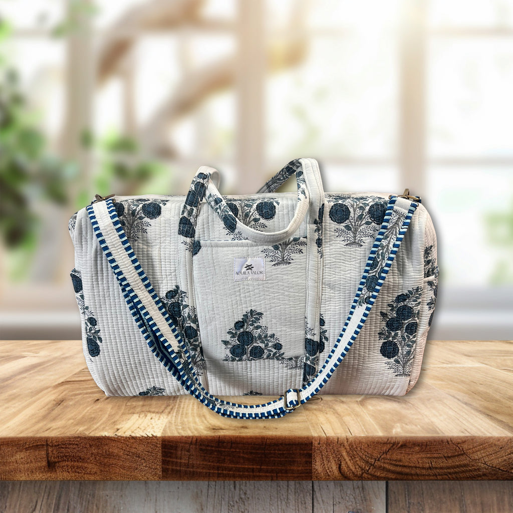 Blue Rose – Hand Block Printed Travel Bag