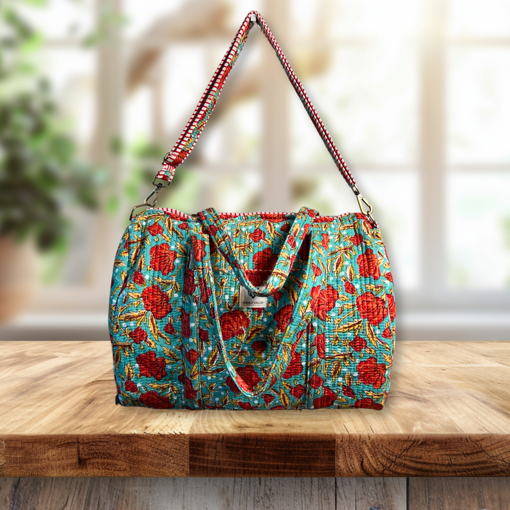 Rosey Meadow - Quilted Cotton Weekender Bag