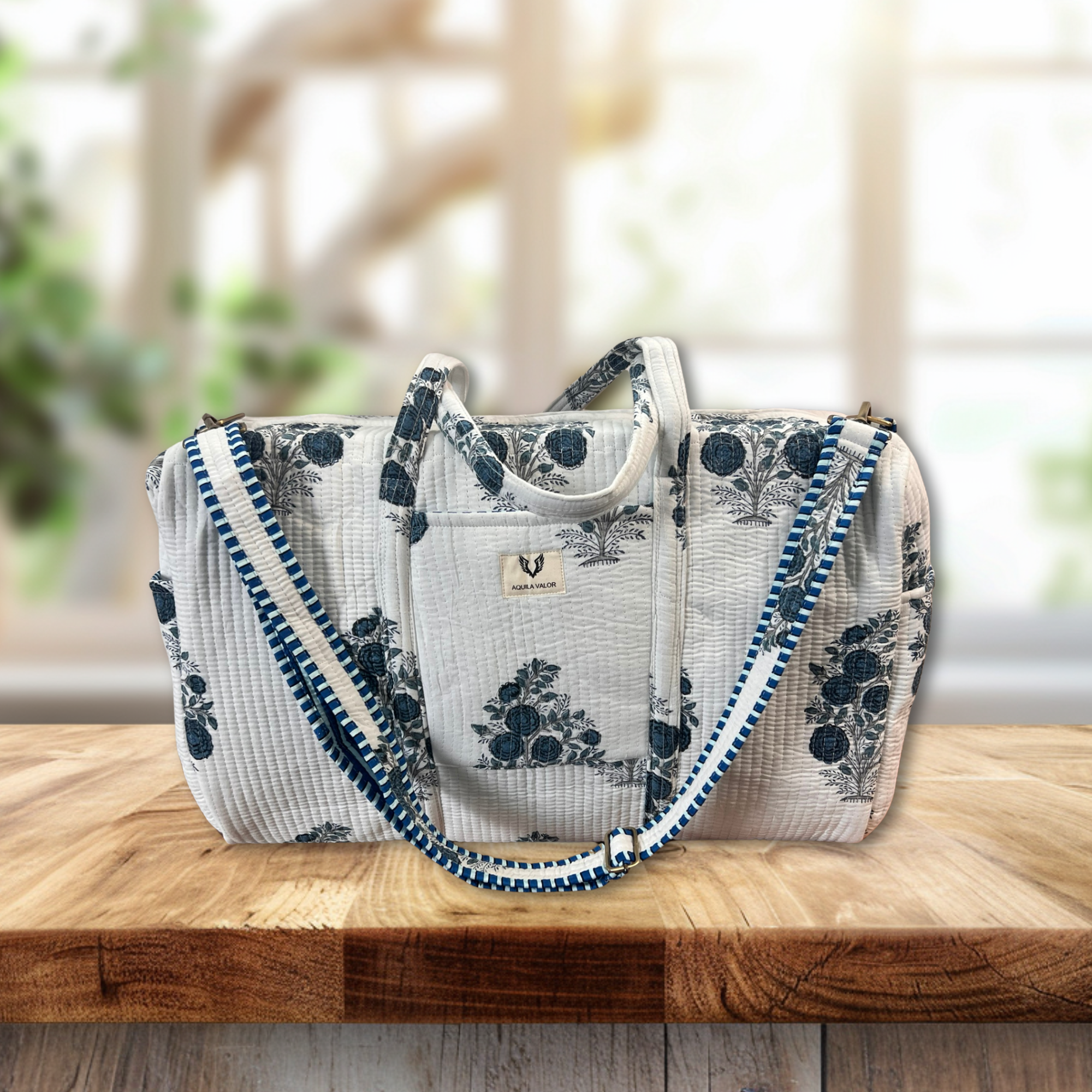 Blue Rose – Hand Block Printed Travel Bag